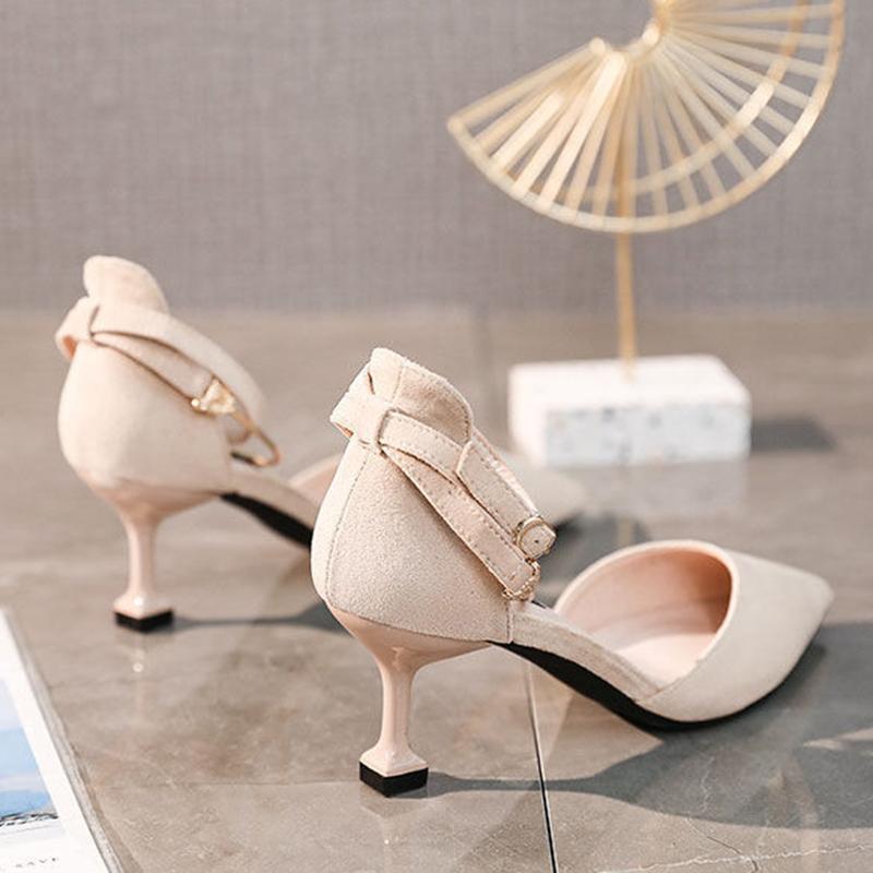 Spring  Summer Mid-heel 7cm High-heeled Shoes Women's Stiletto Pointed Toe Toe Sandals One-word Buckle Hollow Single Shoes