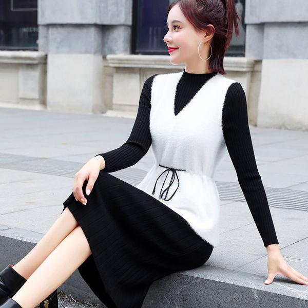 Autumn and Winter All-match Solid Color Two-piece Suit V-neck Vest Knitted Dress Women's Waist Strap Waistcoat