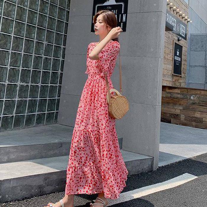 Pofulove Women V-neck Pink Floral Chiffon Dress Slim Long Dresses Below The Knee High Waist Dress