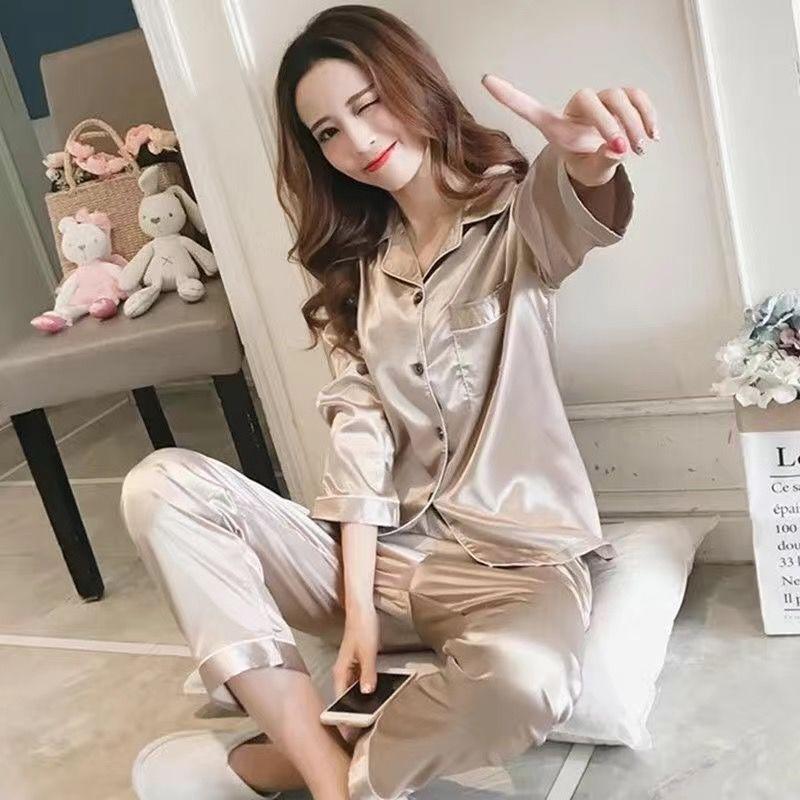 Ice Silk Long-sleeved Thin Women's Pajamas Sexy Korean Style Cute Spring and Summer Plus Size Two-piece Suit