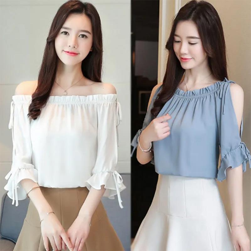 Summer Chiffon Shirt Female Fairy Air Age Reduction Solid Color T-shirt Fashion Loose Style Cool and Thin One-word Collar Strapless Top Women's