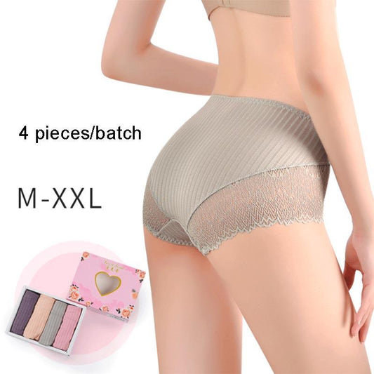 4pcs Women's Cotton Antibacterial Large Size Underwear Lace Lightweight Breathable Panties Solid Color Hollow Briefs