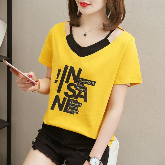 Women Summer Short Sleeve T-shirt Vintage Large Size Casual Loose V-neck Print T-shirt