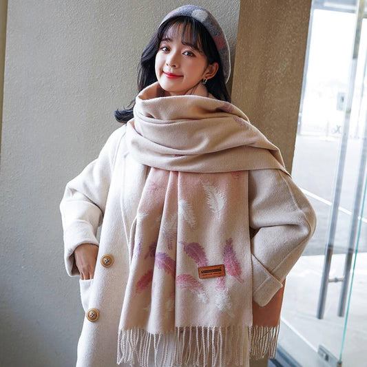 Scarf for Women Wool Scarves Feather Printing Winter Women's Ladies Cashmere Scarfs Female Shawl