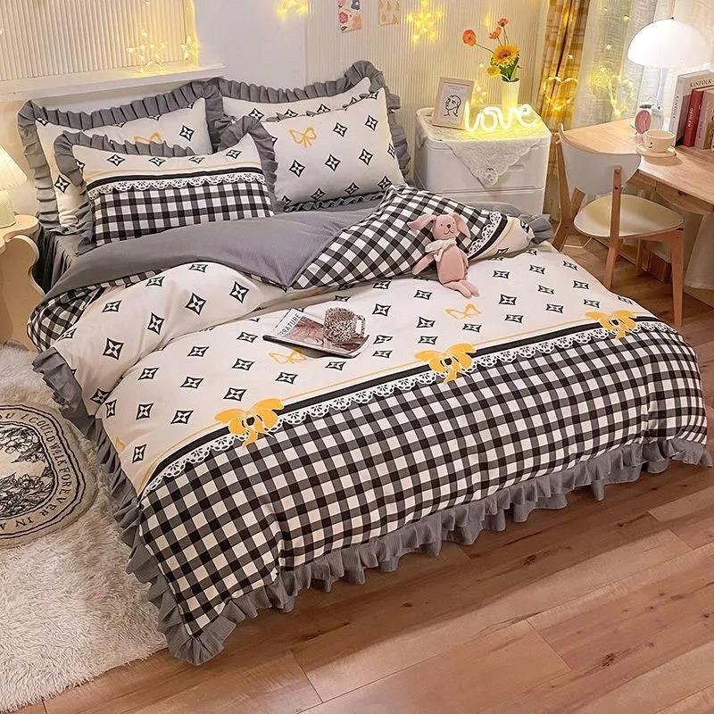 Four-piece Korean Princess Style Cotton Brushed Bed Sheet Quilt Cover Sheet Couple Double Bedroom Bedding