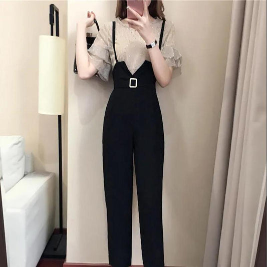 Temperament Women's Suit Two-piece Round Neck Sequined T-shirt + Straight Overalls Simple and Capable Lady Professional Suit Casual Bright Face Suit