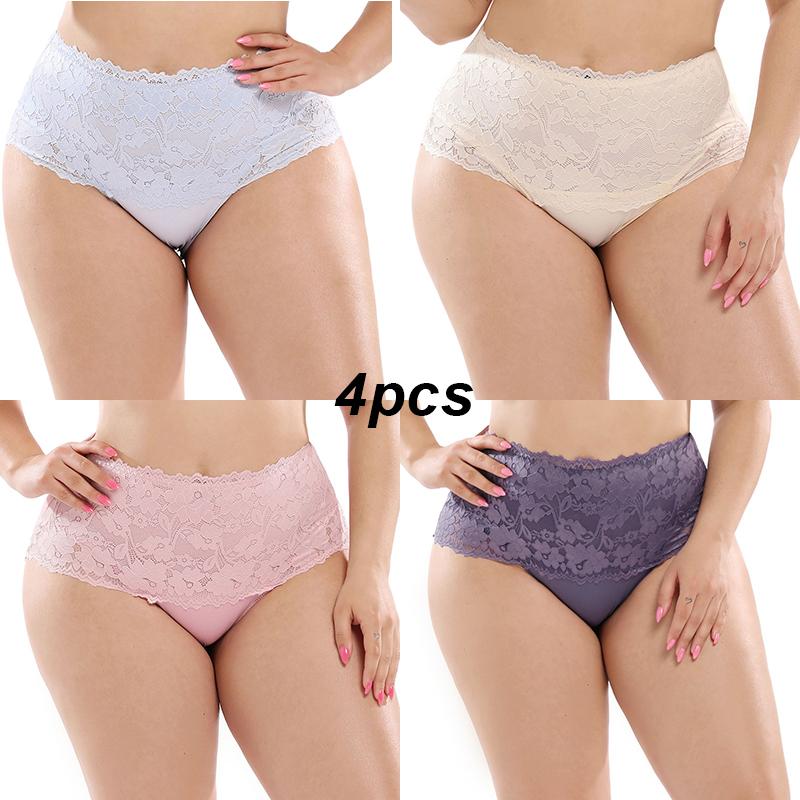 4pcs Plus Size Sexy Ladies Briefs High Waist Plus Size Lace Panties XL-5XL