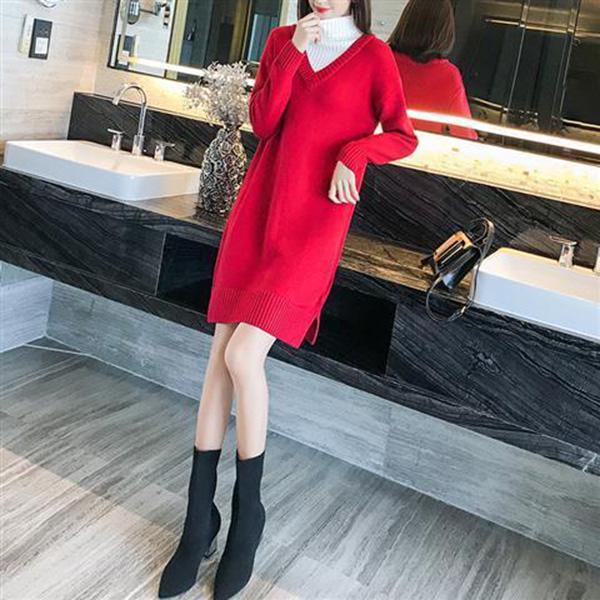 Autumn And Winter Fashion Casual Jacket Mid-length V-neck Solid Color Sweater Loose Lazy Style Dress Women