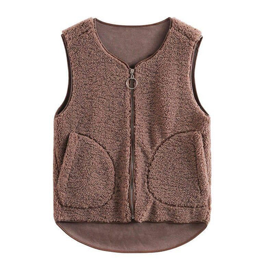 Woman Vest Winter Short Vests of Women Single Breasted Faux Lamb Wool Vest Coat Turn-down Collar