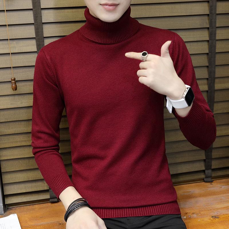 Warm Turtleneck Sweater Men Solid Knitted Mens Sweaters Casual Slim Pullover Male Double Collar Tops