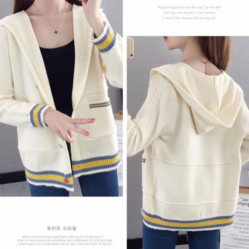 Spring and Autumn Knitted Cardigan Sweater Loose Hooded Large Size Top Short Color-blocking Women's Jacket