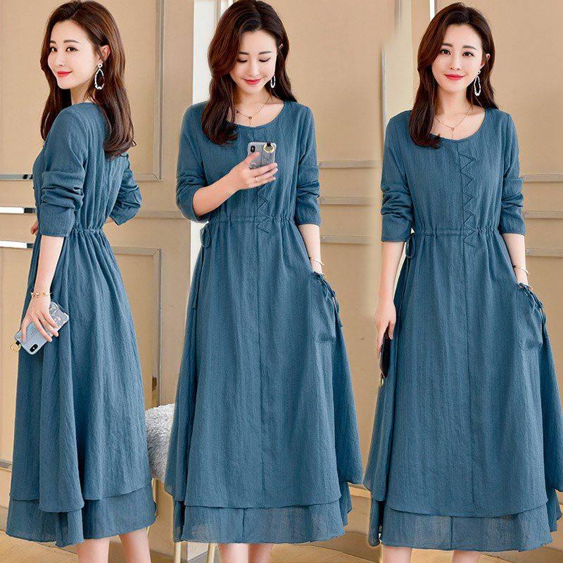 Women Autumn Winter Plus Size Dress Elegant Party Patchwor Dress Ruffle 3 Color Long Dresses