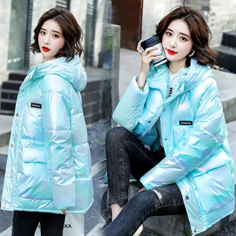 Women's Glossy Mid-length Down Jacket Winter Korean Style Loose Cotton Clothes Casual Hooded Padded Jacket