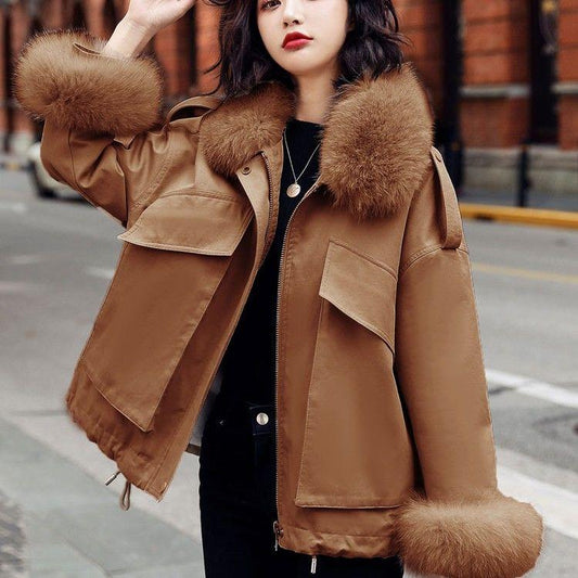 Warm Fleece Liner Hooded  Parkas Coat Winter Hooded Jacket Women Fur Collar Jacket Parka