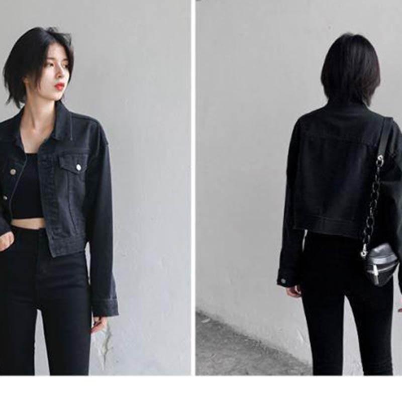 Spring and Autumn Retro Street Loose Black Short Denim Jacket Long Sleeve Jacket Women