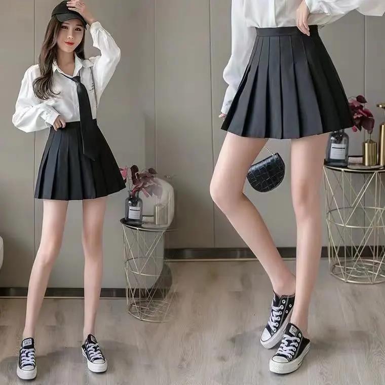 Spring and Summer Fresh Style High-waisted Ladies Anti-glare Pleated Skirt A-line Short Skirt Skirt All-match Solid Color Skirt