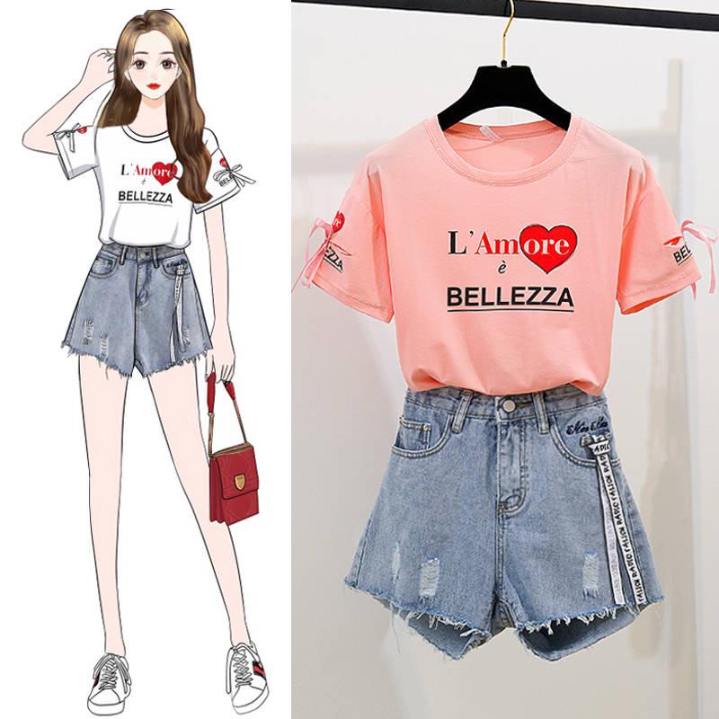 Pofulove Women Soft High Quality O-Neck Cotton Letter T-Shirt+High Waist Denim Shorts Two Piece Suit