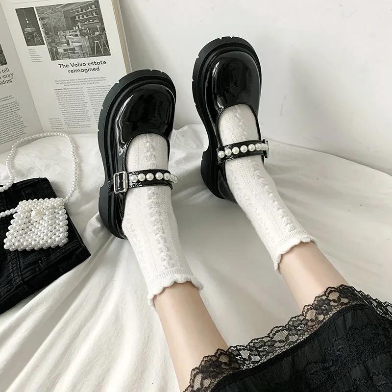 French Retro British Style Leather Shoes Pearl Word with Thick Sole Mary Jane Single Shoes Men Retro Lolita Leather Shoes Cute Women's Shoes