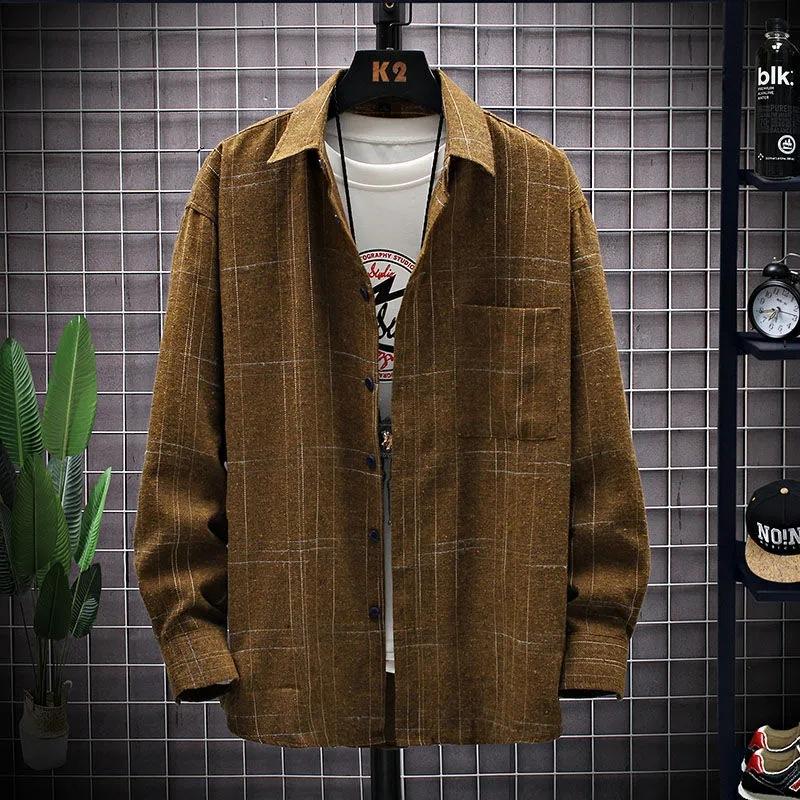 Spring and Autumn New Men's Shirts Loose Large Size Retro Plaid Long-sleeved Shirts Brushed Jackets Hong Kong Style Tops