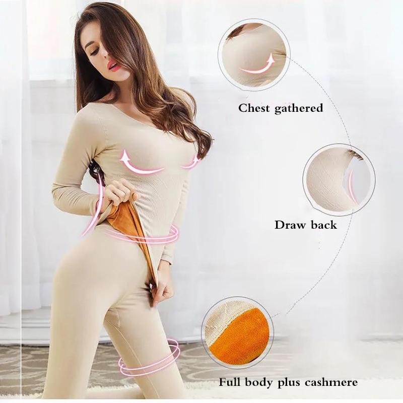 Winter Thermal Underwear Plus Velvet Thickened O-neck Women High Elasticity Female Tight Suit Windproof Comfortable Soft Lining Long Sleeve Tracksuit