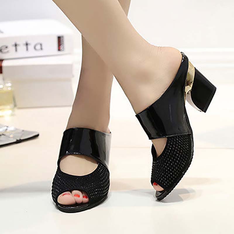 High Heel Slippers Women Summer Mid-heel Fish Mouth Slippers Thick Heel Sandals Patent Leather Rhinestone Women Sandals