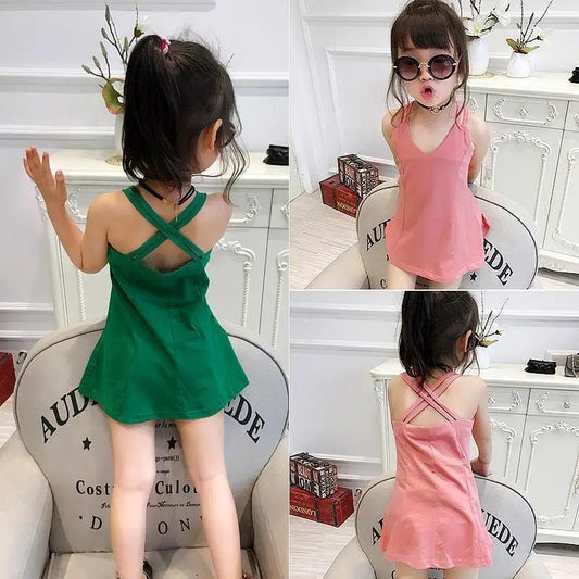 Children Dress Girls Summer Thin Waistcoat Dress with Back Cross Solid Color Sleeveless V-neck Ruffle A-line Dress