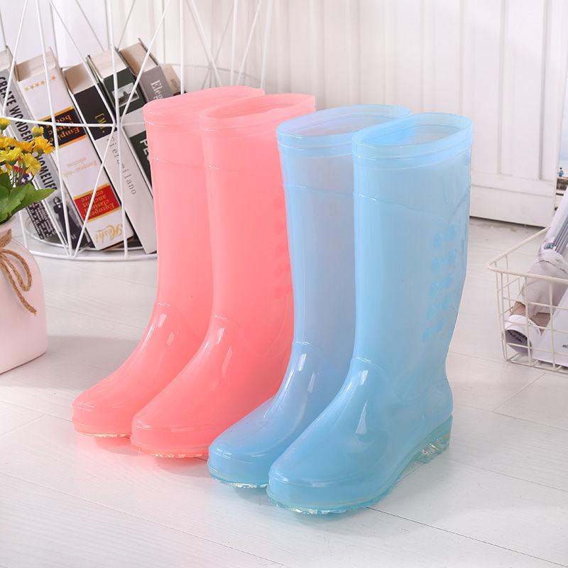 High Tube Rain Boots Women PVC Waterproof Work Water Shoes for Girls Candy Color Fashion Slip on Knee High Jelly Boots