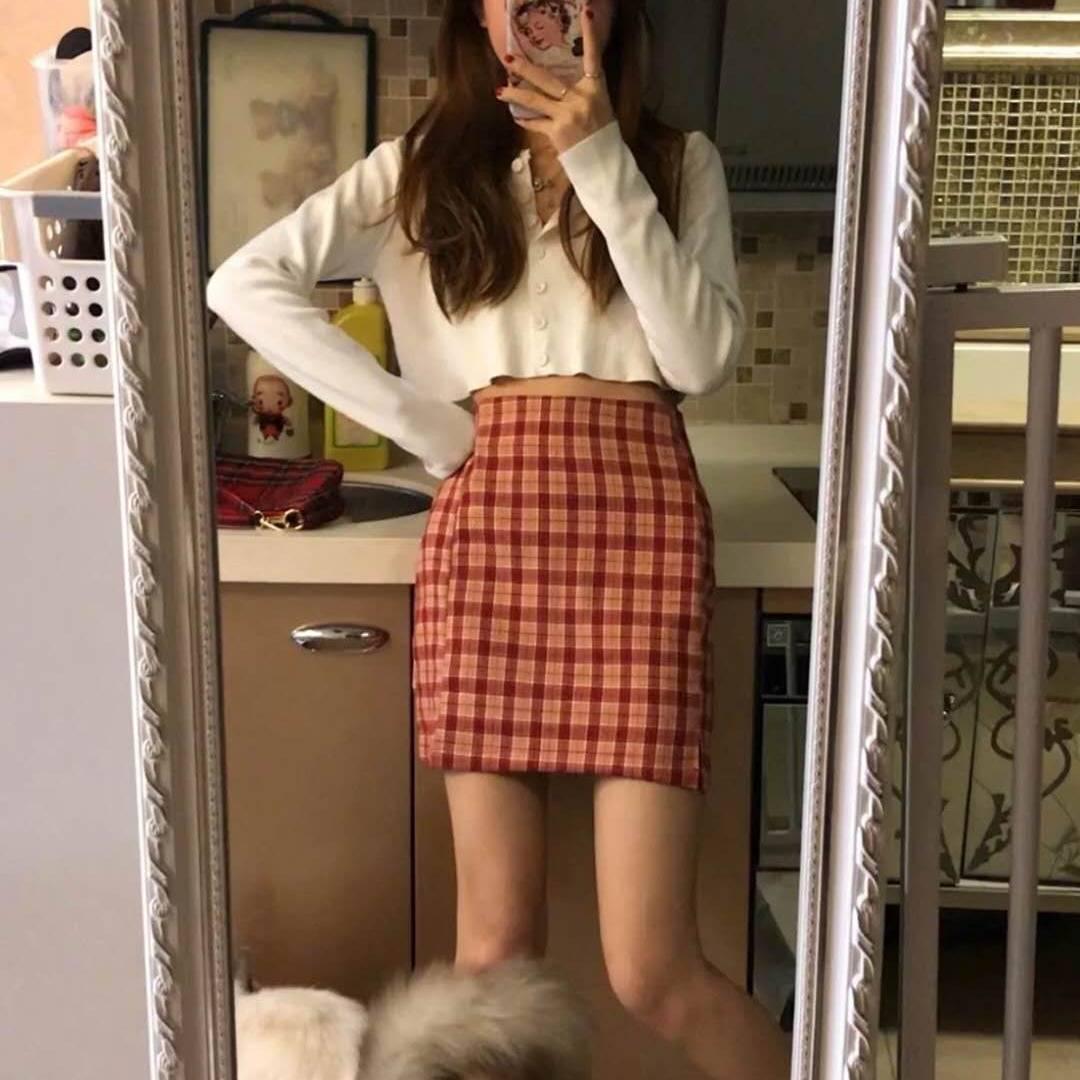 Women Split Details Plaid Mini Skirt with Under Shorts Mini Skort In Check Sexy Summer Skirt