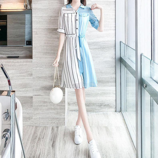 Female Vintage High Waist Holiday Elegant Slim Dress Color Blocking Striped Shirt Collar Casual Dress