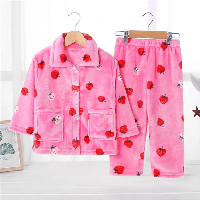 Autumn and Winter Children's Pajamas Thickened Flannel Boys and Girls Baby Children's Home Clothes Set Coral Velvet Children