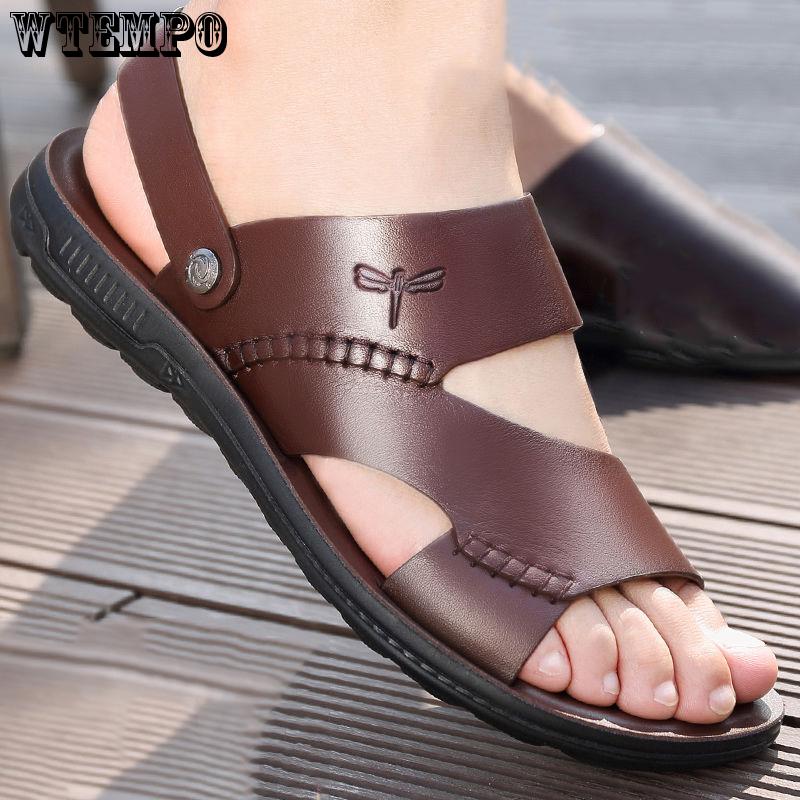 Summer Men Genuine Leather Sandals Beach Casual Sandals Slippers Dual-use Sandals