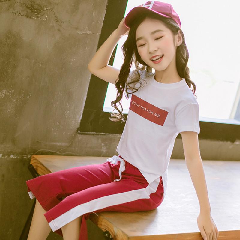 Girls Summer Breathable Thin Short-sleeved Suit Children's Loose Cropped Pants Casual Dancing Clothing Comfortable and Simple Two-piece Suit