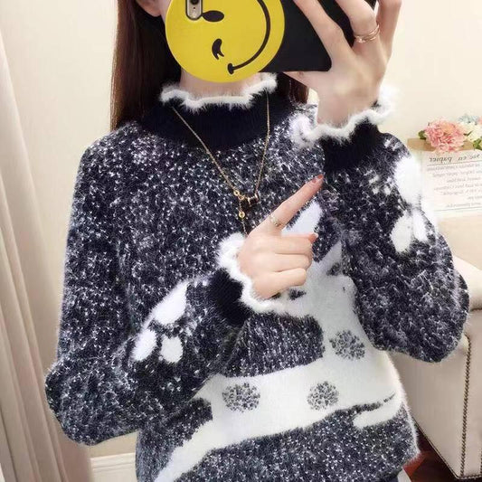 Pofulove Mink Fur Ruffles Cuffs Turtleneck Knitwear Skin-friendly Christmas Theme Pullover Sweater