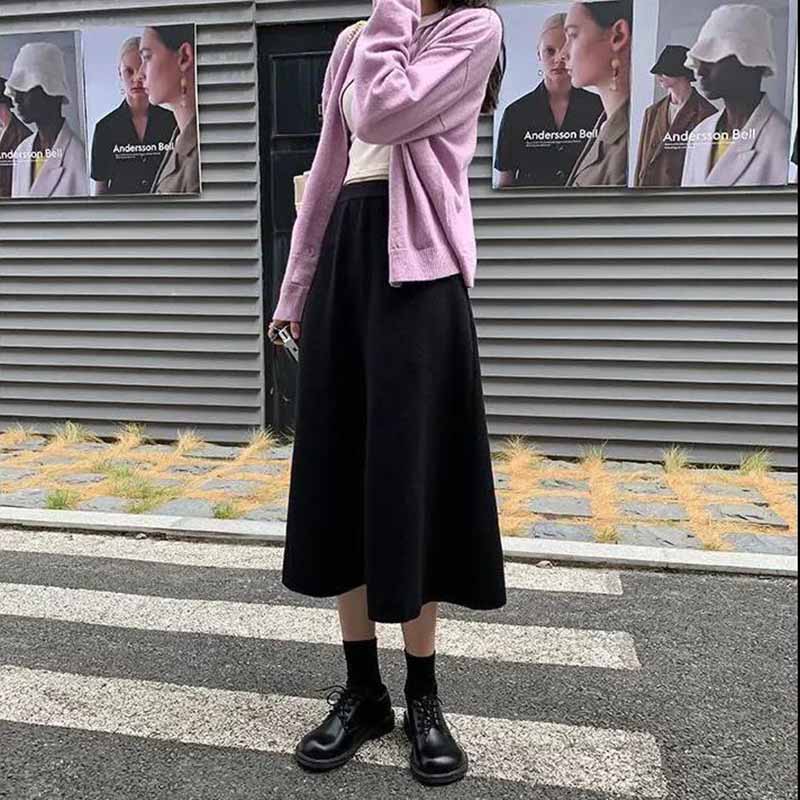 Small Fragrance Thick Knitted Skirt Female High Waist Was Thin Autumn and Winter Long Wild A-line Skirt Large Swing Skirt