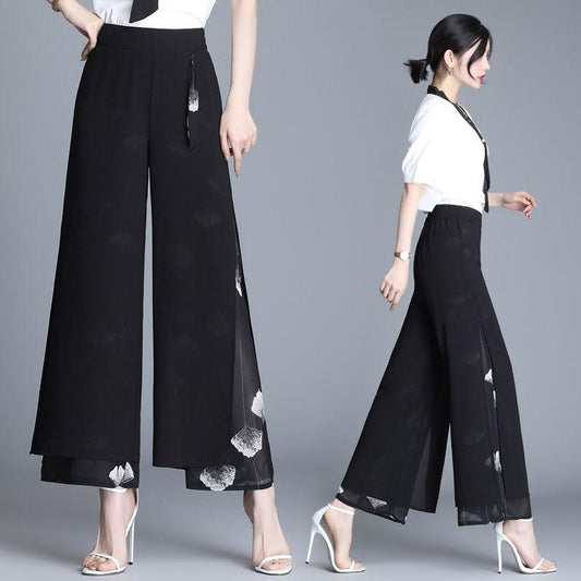 WTEMPO Floral Double Chiffon Women Ankle-Length Pants Skirt-like Wide-leg Pants Loose High Waist Trousers Cool and Breathable