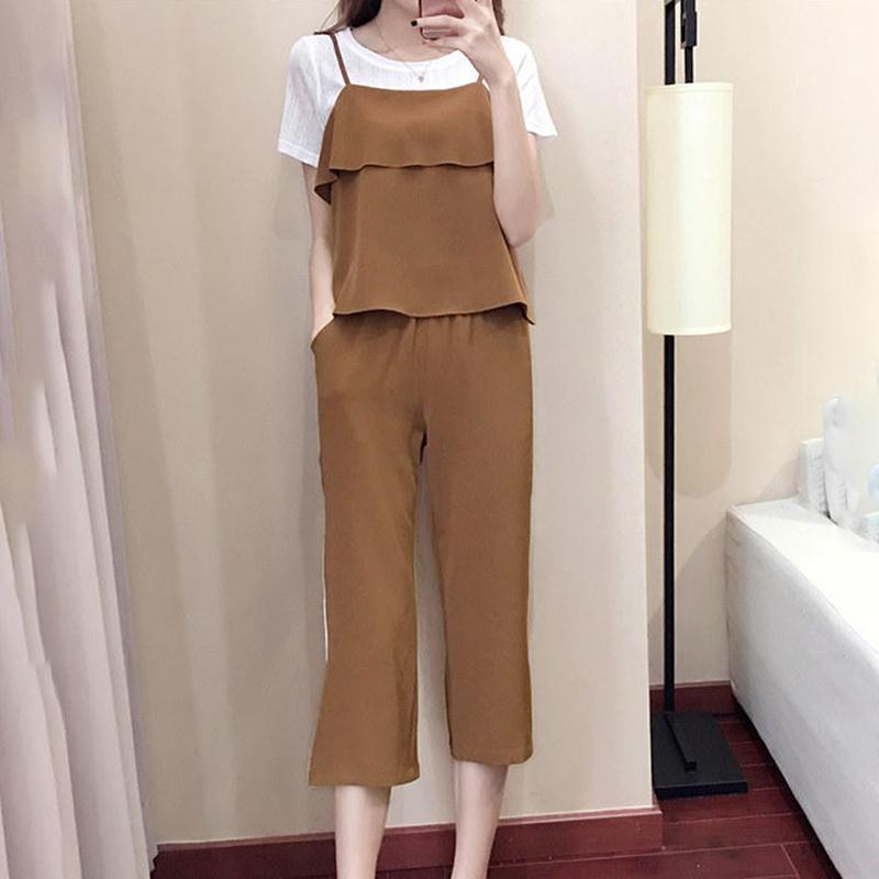 Ladies Suit Three-piece Suit Suspenders Short-sleeved T-shirt Casual Pants Ladies Outdoor Leisure Suit Cotton Fabric Absorbent and Breathable