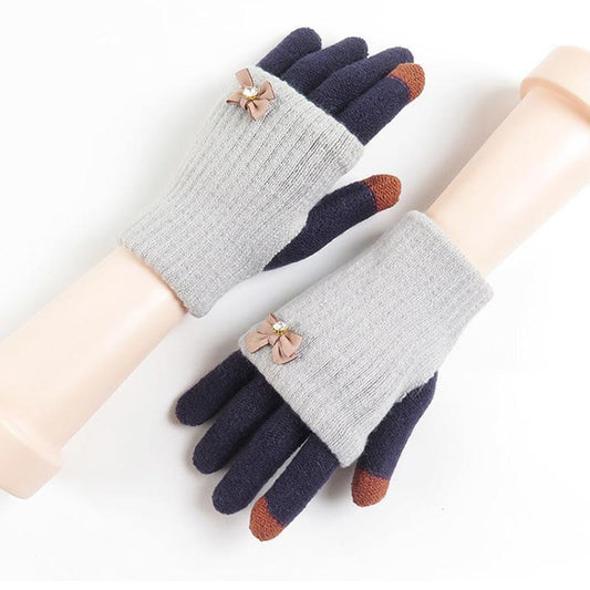 Women's Winter Knitted Touch Screen Gloves Thickened Warm Five-finger Cute Bowknot Woolen Riding All-match Mittens Hand Wrist Warmer