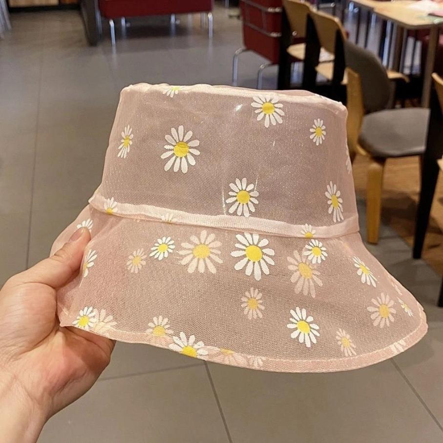 Embroidery Daisies Lace Fisherman Hat Bucket Hat Women Transparent Mesh Fashion Summer Outdoor Sun Hat