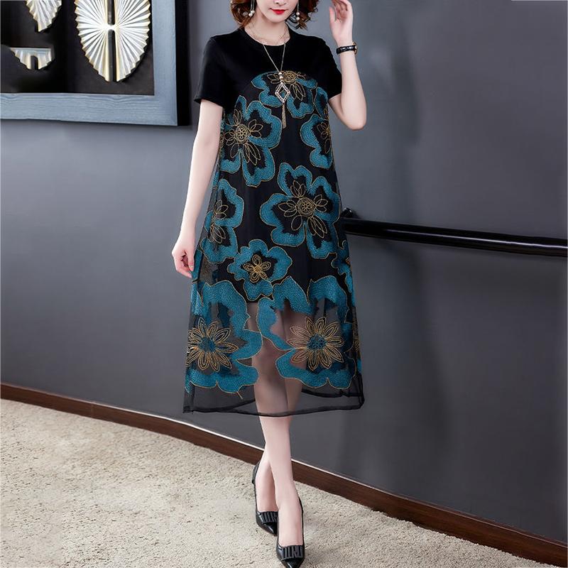 Large Siz M-XXXXL Summer Loose Chiffon Round Neck Exquisite Embroidery Pattern Stitching Mid-length Skirt