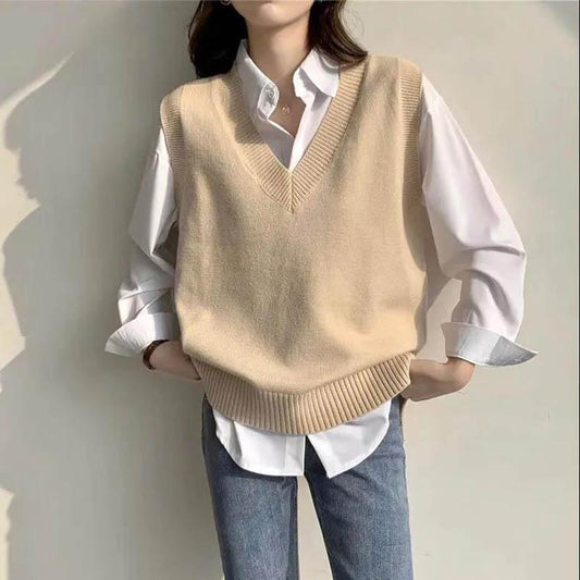 Women Tank Top Knitted Vest Sweater Pullover Autumn Winter Female Loose V-neck Knitted Women Sleeveless Sweater Casual Warm Vest