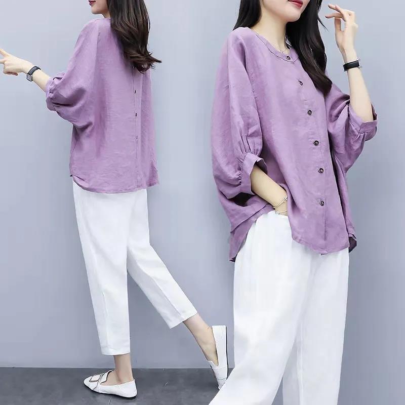 Women's Two-piece Suit Cotton and Linen Loose Middle-sleeved Round Neck Blouse Nine-point Pants Casual Loose Suit Ladies Casual Suit