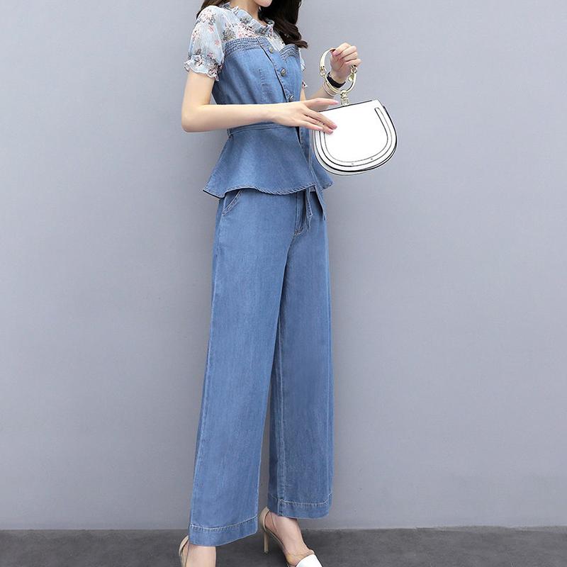 Cowboy Wide-leg Pants Suit Women's Temperament Age Reduction Two-piece Short-sleeved Denim Jacket + Denim Wide-leg Ladies Temperament Elegant Suit