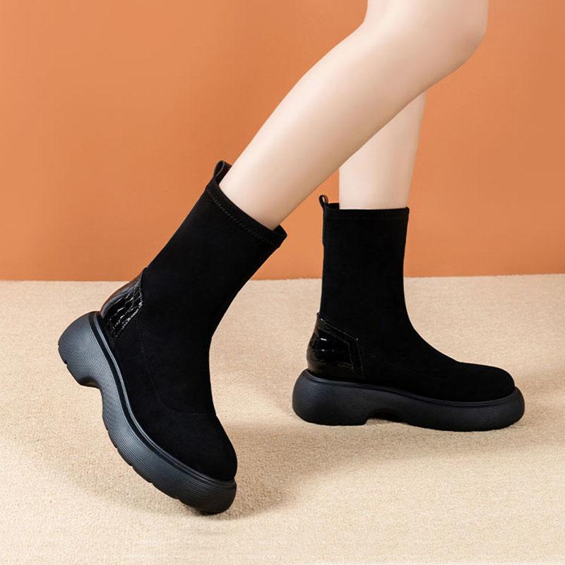 Black Boots Woman Autumn and Winter Elastic Boots Korean Version of Wild Short Boots Increased Thick-soled Boots Martin Boots