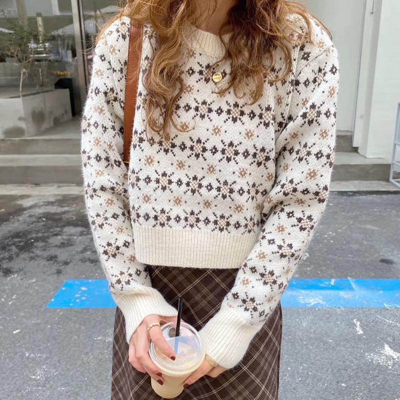 Women Autumn Fashion Sweater Casual Knitting Sweater Print Round Neck Pullovers Loose Casual Long Sleeve Sweater