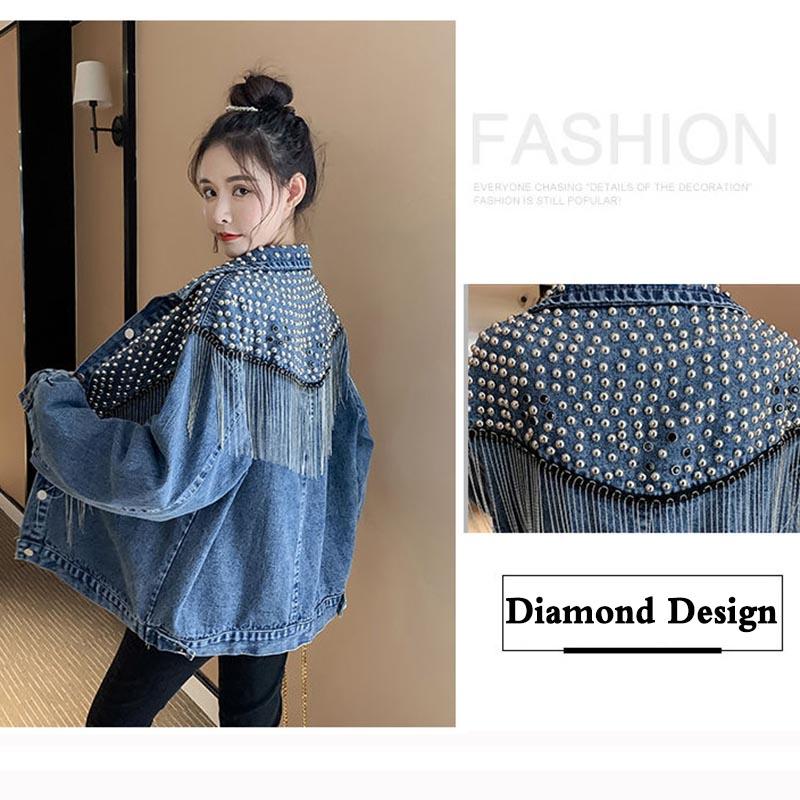 Autumn Streetwear Denim Jacket Women Hand-studded Rivet Tassel Chain Short Jeans Jacket Loose Black Coats