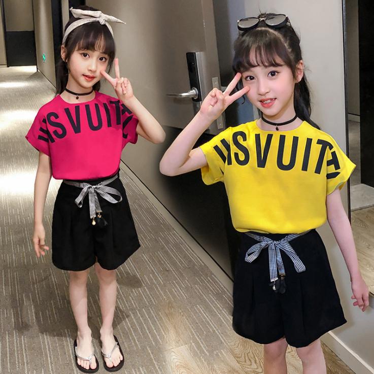 Girls' Children's Printed Letter Short Sleeve Suit Summer Girls' Korean Students' Shorts Two Pieces Set