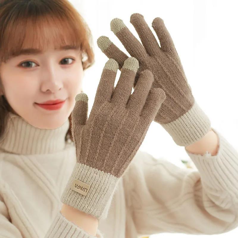 Women's Winter Plus Velvet Padded Gloves Touch Screen Korean Style Riding Warm Knitted Woolen Full Fingers Gloves Soft Thermal Windproof Mittens