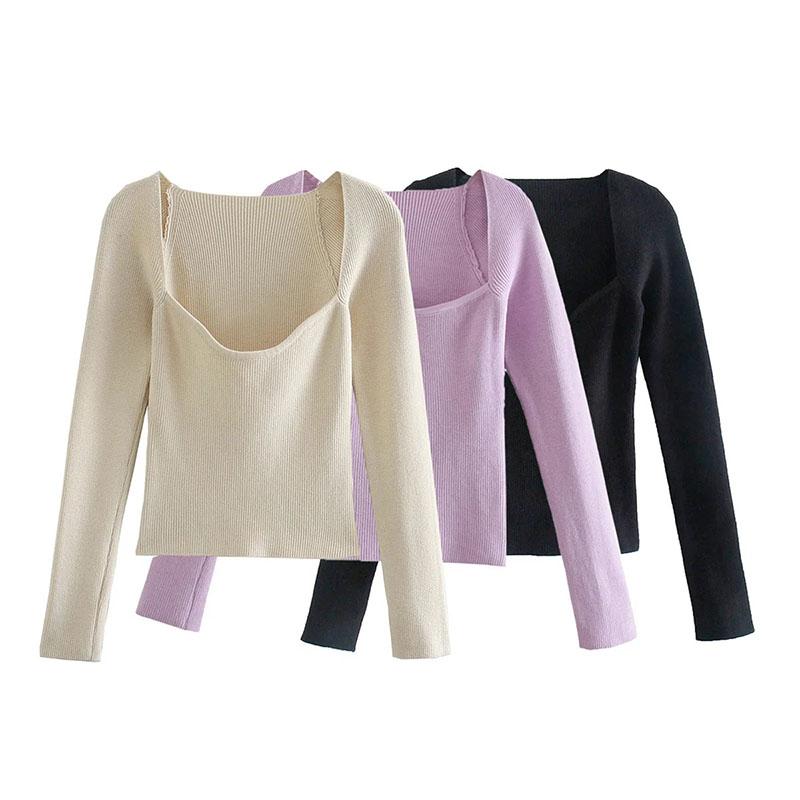 Women Knit Sweater Top Long Sleeve Heart-neck Casual Fashion Woman Slim-fit Tight Knitted Sweaters Pullover Tops