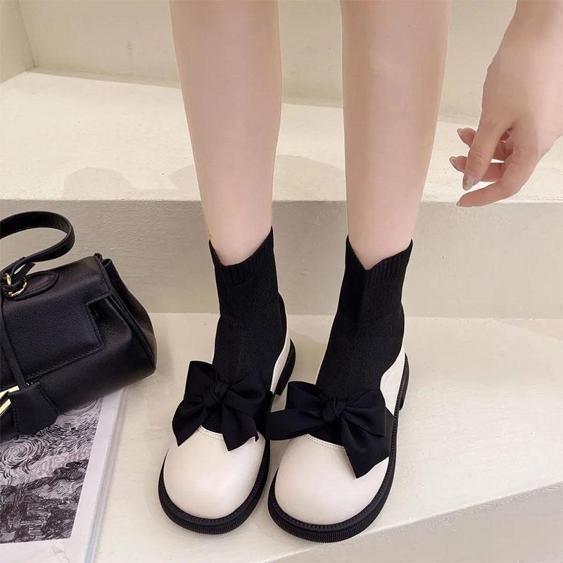 British Style Knitted Stretch Short Boots Women 2021 All-match Flat Bow with Skirt and Socks Boots