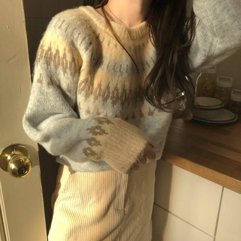 Pofulove Retro Thick Rhombus Woven Jacquard Knitted Loose Sweater Women Autumn Winter Wear